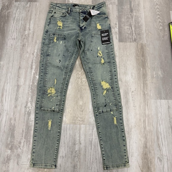 boohooMAN Carpenter Jeans Men's 32x31 Skinny Fit‎ Ripped Antigue Blue Grunge NWT - Picture 1 of 11